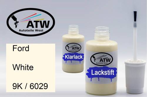 Ford, White, 9K / 6029: 20ml Lackstift + 20ml Klarlack - Set, von ATW Autoteile West.